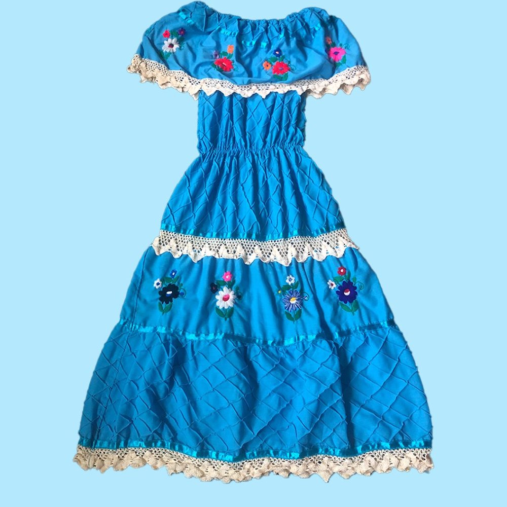Vintage 1970s Blue Floral Embroidery Maxi Dress